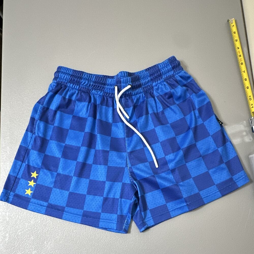 SLAM Men's Shorts Blue Check Mesh Drawstring Elastic Waist Logo XL